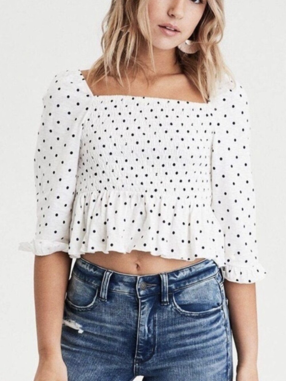 American Eagle Smocked Peplum Blouse Cream Navy Polka Dot 3/4 Sleeve Top Size M